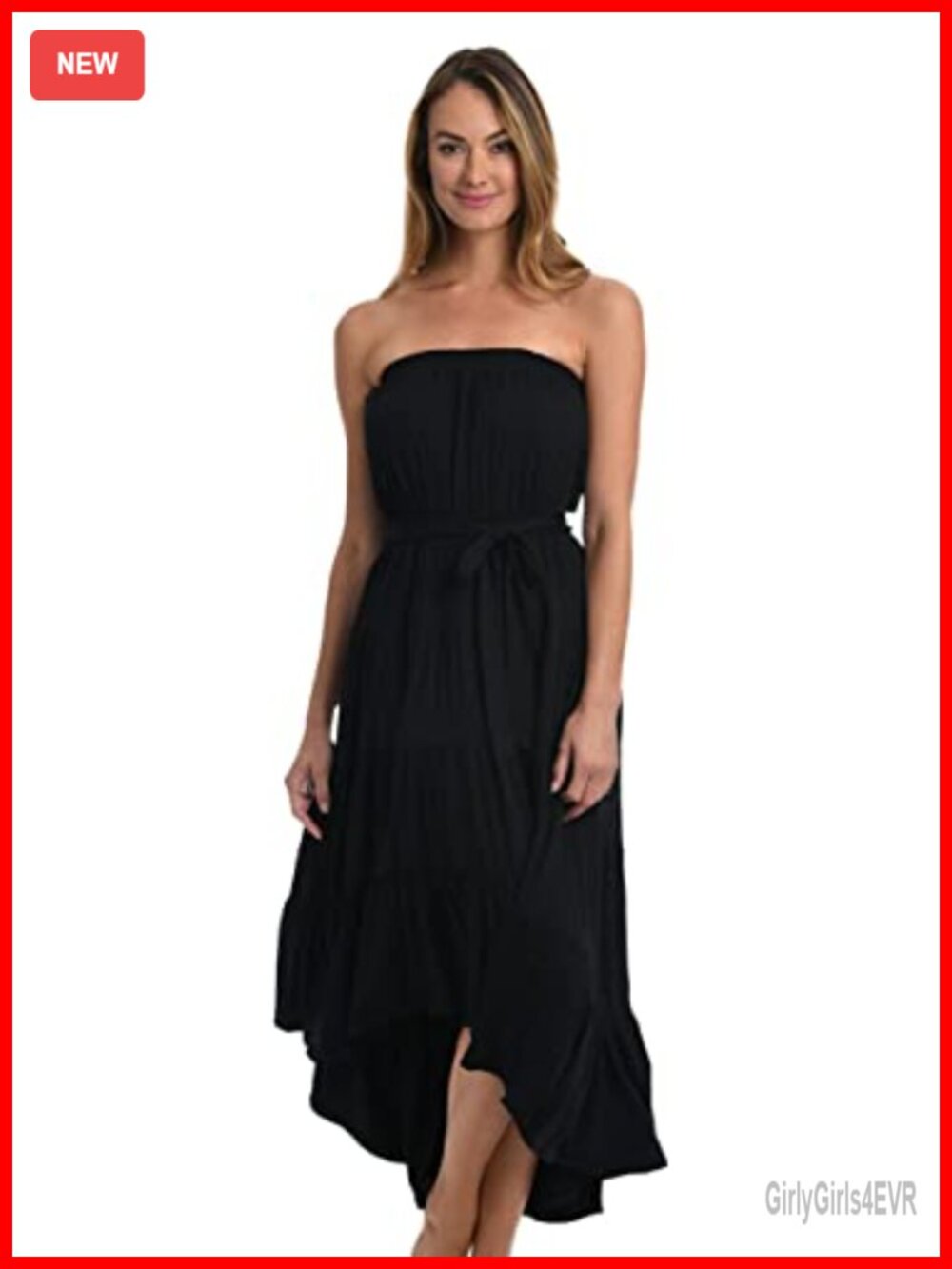 Strapless Midi Swim Cover-Up Dress High-Low Hem Sleeveless